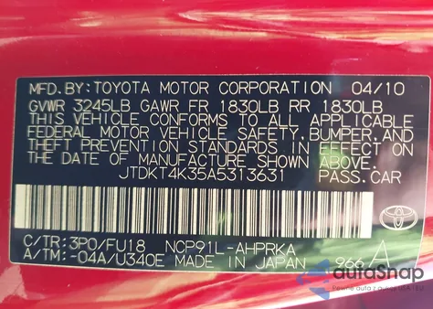 2010 Toyota Yaris из США, поврежденный, VIN JTDKT4K35A5313631